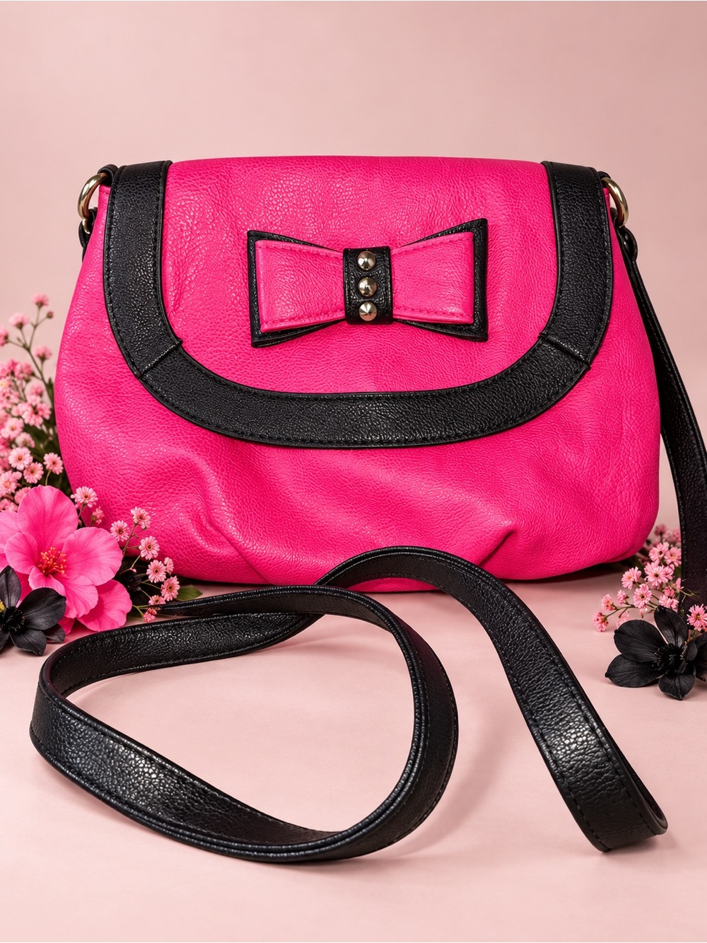 Betsey Johnson Hot Pink & Black Bow Flap Crossbody